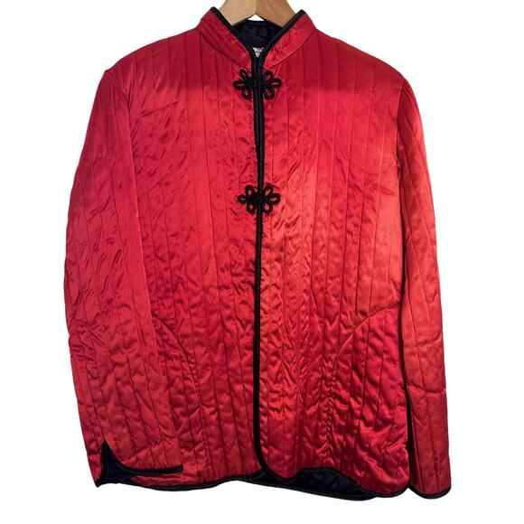 Vintage Neiman-Marcus Quilted Satin Jacket Frog Closures Mandarin Collar M Red - Picture 1 of 16